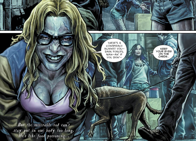 A woman possessed by Deadman taking a moment to very casually get all up in your face.